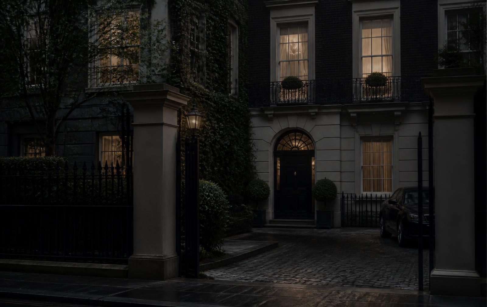 A London townhouse entrance viewed at dusk from across the street